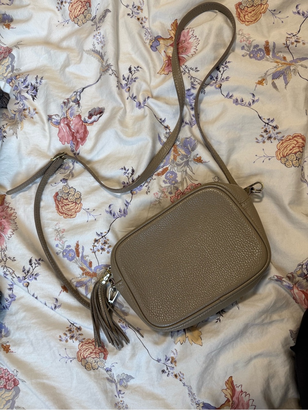 Pebbled Leather Taupe Crossbody Bag with Tassel